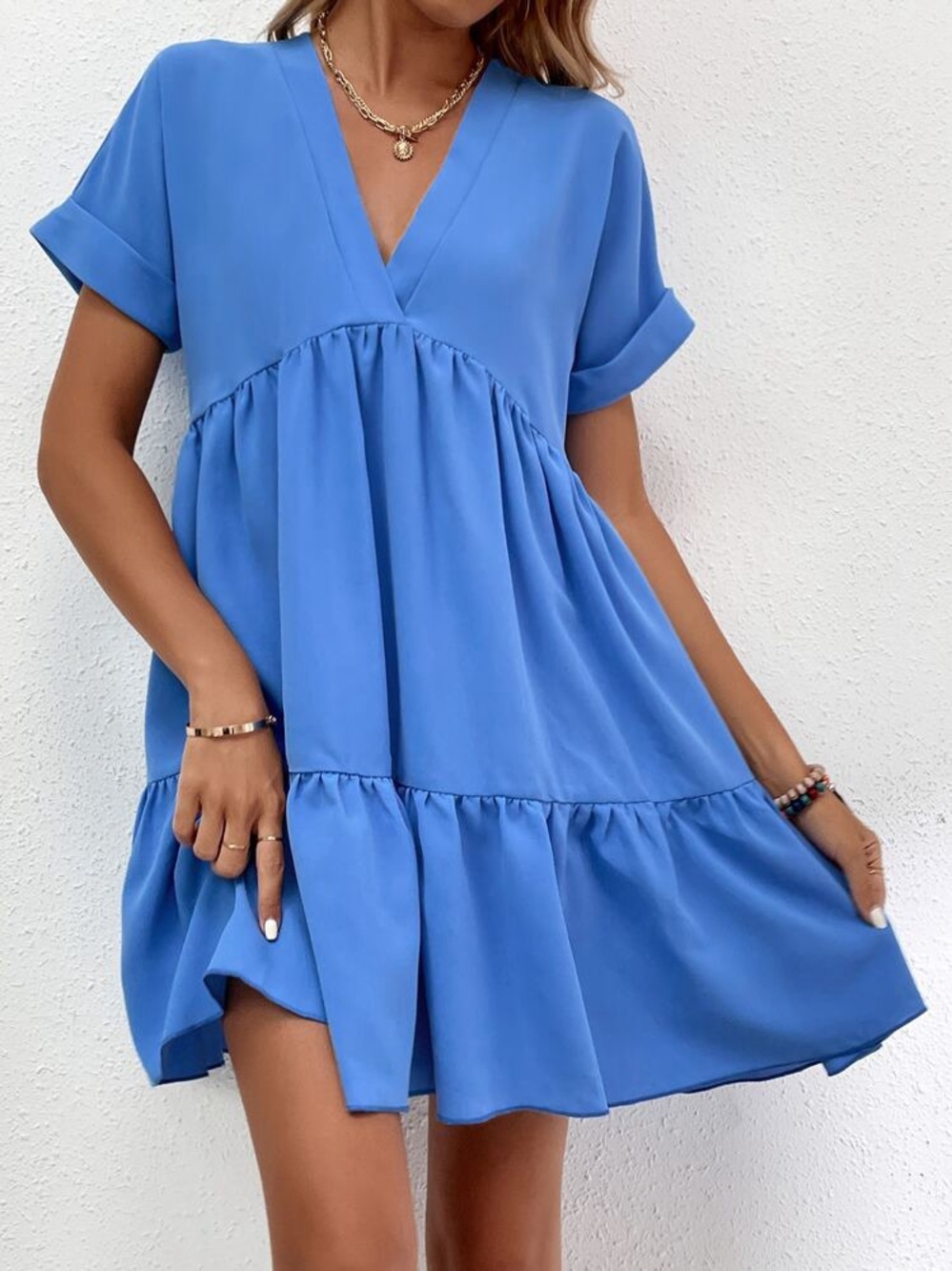 Blue V-Neck Tiered Mini Dress